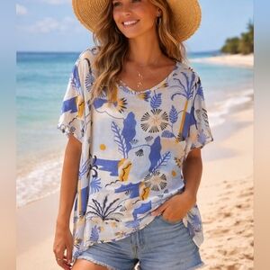 NICOLE MILLER Women's 100% Linen Short Sleeve Blouse 2X Blue Orange Tropical